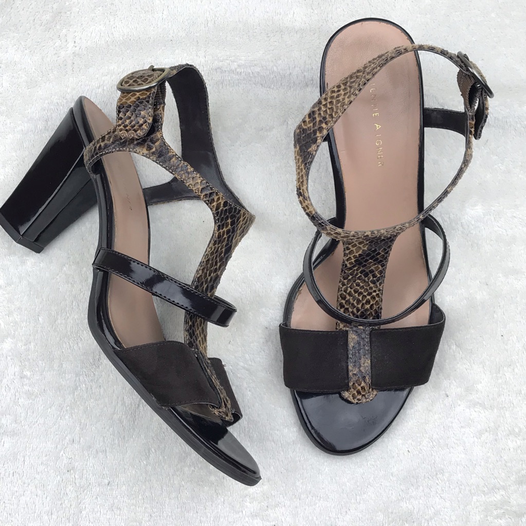 Etienne Aigner Rhoda Brown Patent Snakeskin Sandals Sz 9 3½" Heel Euc